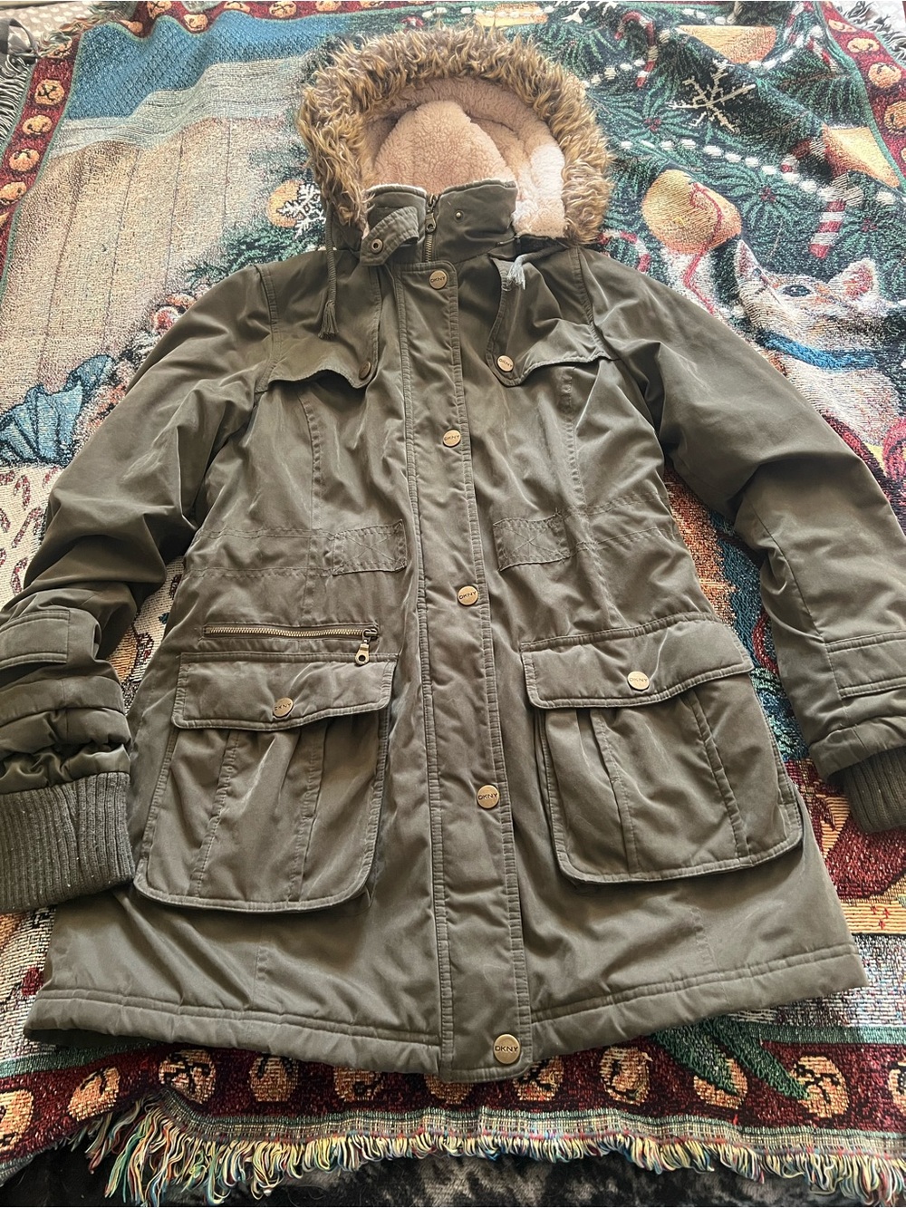 DKNY Olive Green Utility Parka with Faux Fur Trim